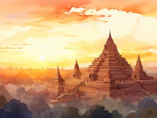 Wall Mural - Indonesian borobudur temple landscape on sunset, water color art style. Generative ai