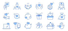 Charity Hand, Money, Blood Donation Doodle Line Icon. Charity Volunteer, Support, Blood Donor Concept Icon Set. Volunteer Heart, Donate Food Hand Drawn Doodle Sketch Style Line. Vector Illustration