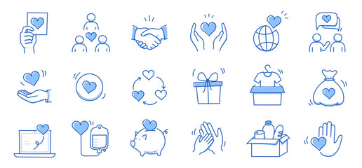 charity hand, money, blood donation doodle line icon. charity volunteer, support, blood donor concep