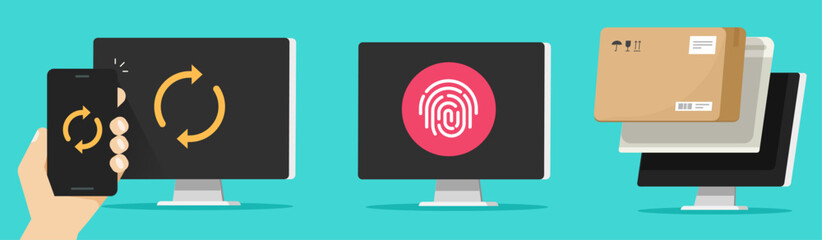 Poster - Sync pc and mobile cell phone icon vector graphic, cellphone smartphone configuration, computer online touch fingerprint id security technology, virtual order parcel box delivery image clipart