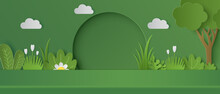 Paper Cut Of Empty Studio Product Display With Nature Background For Products Display Presentation. Vector Illustration