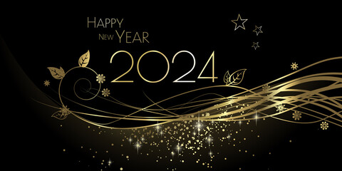 Wall Mural - Happy New Year 2024 - Black and gold waves and diamond dust design