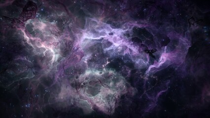 Wall Mural - Distant galaxy star cluster in alien deep space. Science fiction concept 3d illustration of mystery interstellar gas nebula and ethereal magic glowing celestial bodies. Astronomy and cosmos wide shot.