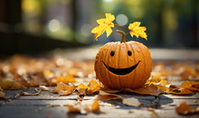 Halloween, Fun Cute Cartoon Pumpkin On A Sunny Day.