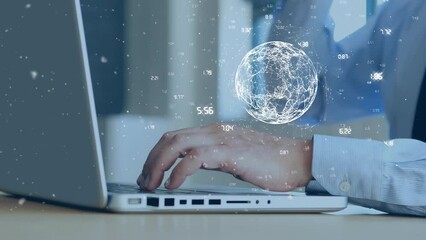 Poster - Animation of data processing over globe with caucasian businessman using laptop