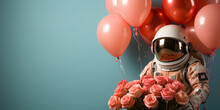 Astronaut With A Bouquet Of Pink Roses And Balloons On Blue Background, Holiday Banner With Blank Space For Text, Space Man Congratulates, Copy Space, Generated Ai