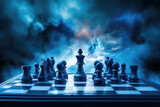 Fototapeta  - Wallpaper chess pieces on a board. Creative banner for chess school. Blue bright neon colors. Interactive chess. Generative AI 3d render illustration imitation.