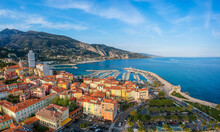 Aerial View Colorful Old Town Menton And Sea. French Riviera, France