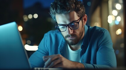 Poster - businessman wears computer glasses for reducing eye strain blurred vision looking at pc screen with computer reflection using internet, reading, watching, working online late, generative ai