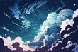 Fancy clouds background with blue summer sky and stars, Animation background, Anime style, created with Generative AI