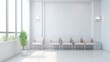 Empty modern hospital corridor, clinic hallway interior background with white chairs for patients waiting for doctor visit. Contemporary waiting room in medical office, generative ai