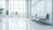 © WS Studio 1985 - Empty modern hospital corridor, clinic hallway interior background with white chairs for patients waiting for doctor visit. Contemporary waiting room in medical office, generative ai