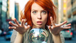 Futuristic vision with a baffled redhead seer against a silver backdrop, gazing in awe at the unexpected cityscape in her crystal ball. Generative AI