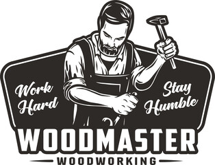 Poster - Bearded carpenter for logo of carpentry or wood carving. Woodworker with chisel in his hands for design of workshop or woodworking