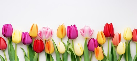  Blooming flowes spring banner - Colorful tulips, isolated on a white background, top view (Generative Ai)
