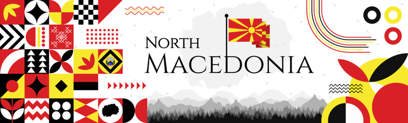 North Macedonia Independence Day abstract banner design with flag and map. Flag color theme geometric pattern retro modern Illustration design. Red, and Yellow flag color template.