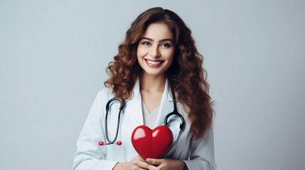 Canvas Print - Happy woman, portrait and doctor with stethoscope for cardiology isolated on a white background. Female person, medical or healthcare professional smile in heartbeat, generative ai