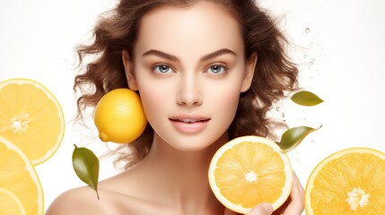 Wall Mural - natural beauty and woman portrait with vitamin c for facial and dermatology treatment. Skincare, face glow and female person with wellness, generative ai