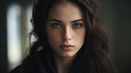 Wall Mural - intriguing gaze: a captivating portrait of a young woman with long, dark hair and striking green eye