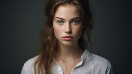 Wall Mural - portrait of a woman: a captivating portrait of a young woman with captivating blue eyes, long brown 