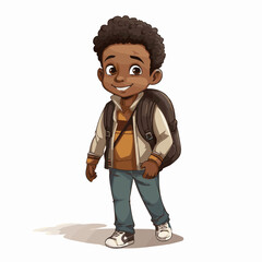 Canvas Print - simple cartoon clipart black african american boy student child going to school white background