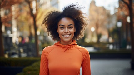 Young adult confident beautiful happy fit sporty slim active black African ethnic woman model wearing sportswear top standing in city park outdoors looking at camera. Close up portrait, generative ai