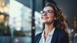 Leinwandbild Motiv Young happy cheerful professional business woman, happy laughing female office worker wearing glasses looking away at copy space advertising job opportunities or good business services, generative ai