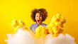 Leinwandbild Motiv Captivating young science enthusiast on bright yellow backdrop, marvelling at colorful erupting homemade volcano. Epitome of vibrant educational fun. Generative AI