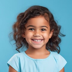 Portrait of a smiling Latin little girl with brown hair on blue background. Happy small Latin American kid with a smile and curly hair. Cheerful Brazilian child in a blue shirt with shiny white teeth.