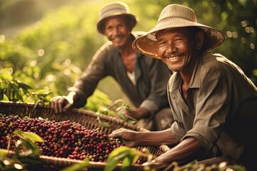 Wall Mural - Portrait of happy Vietnamese farmers In the background, there is a farmer picking berries of Arabica and Robusta coffee. Generative Ai