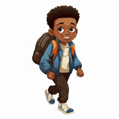 Canvas Print - simple cartoon clipart black african american boy student child going to school white background