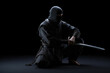 Ninja kneeling posing with a sword, generative AI