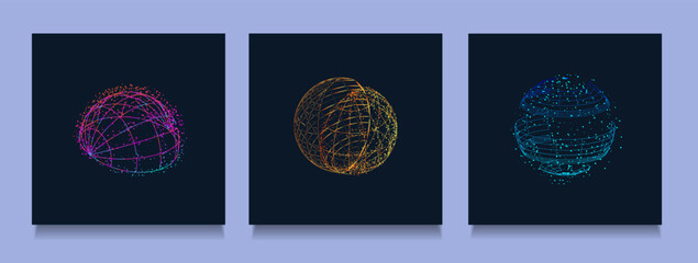 Set Science global dynamic explosion in the form circle, sphere. Pattern abstract network technology with dot, line, point. Futuristic 3d grid for business data. Tech internet worldwide.
