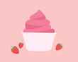 Strawberry flavored ice cream in a bowl with strawberries on the side on isolated background. Vector illustration cartoon flat style