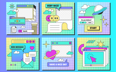 Fototapete - Retro linear vaporwave ig posts template in y2k style. Set of vintage browser computer windows with aesthetic user interface elements and stickers for social media. Flat vector illustration.