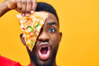 man background happy delivery black food pizza studio guy red food smile fast