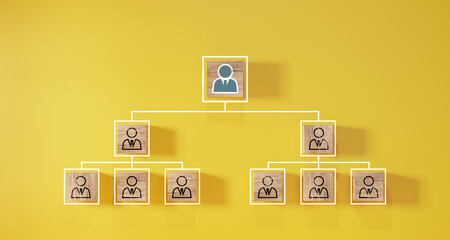Wall Mural - company hierarchical organizational chart of wooden cubes on yellow background. human resources mana