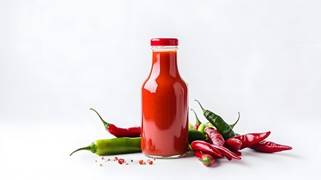 Hot sauce bottle with many green and red chili peppers isolated on white background