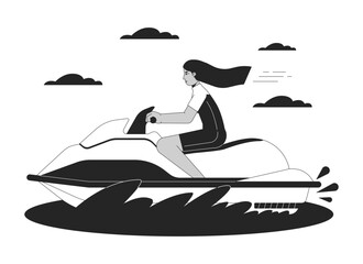 Poster - jet ski riding bw vector spot illustration. swimwear arab woman on water scooter 2d cartoon flat lin