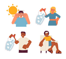 Poster - overheated dehydration in summer flat concept vector spot illustration set. heatstroke 2d cartoon ch