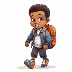 Wall Mural - simple cartoon clipart black african american boy student child going to school white background