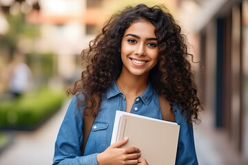 Portrait of cheerful female international Indian student with backpack, carrying school equipment