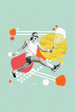 Poster Magazine Artwork Pinup Pop Collage Of Happy Funky Guy Celebrate Victory Tenis Championship Isolated On Blue Drawing Background