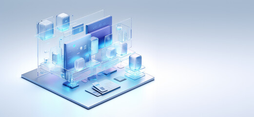 Isometric icon of computers, laptops, liaisons and technology equipment. Copy space, creative banner for computer service, tech repair, cloud storage. White blue colors. Generative AI illustration.