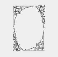 Hand Drawn Vector Abstract Outline,graphic,line Art Vintage Baroque Ornament Floral Frame In Minimalistic Modern Style.Baroque Floral Vintage Outline Design Concept.Vector Antique Frame Isolated.