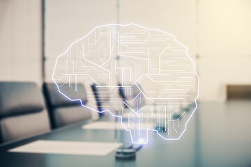 Poster - Double exposure of creative human brain microcircuit hologram on a modern boardroom background. Future technology and AI concept