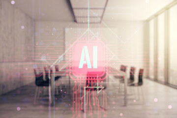 Aufkleber - Creative artificial Intelligence symbol hologram on a modern coworking room background. Double exposure