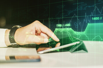Aufkleber - Multi exposure of abstract statistics data hologram interface and hand working with a digital tablet on background, computing and analytics concept