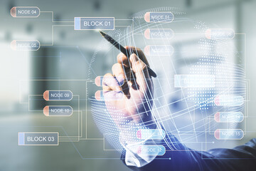 Poster - Male hand with pen working with abstract virtual coding illustration and world map on blurred office background, international software development concept. Multiexposure