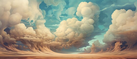 Wall Mural - Far away magical landscape of light brown desert dunes and amazing sandstorm clouds at the horizon, vast panoramic open world expanse of beautiful unspoiled nature - Generative AI